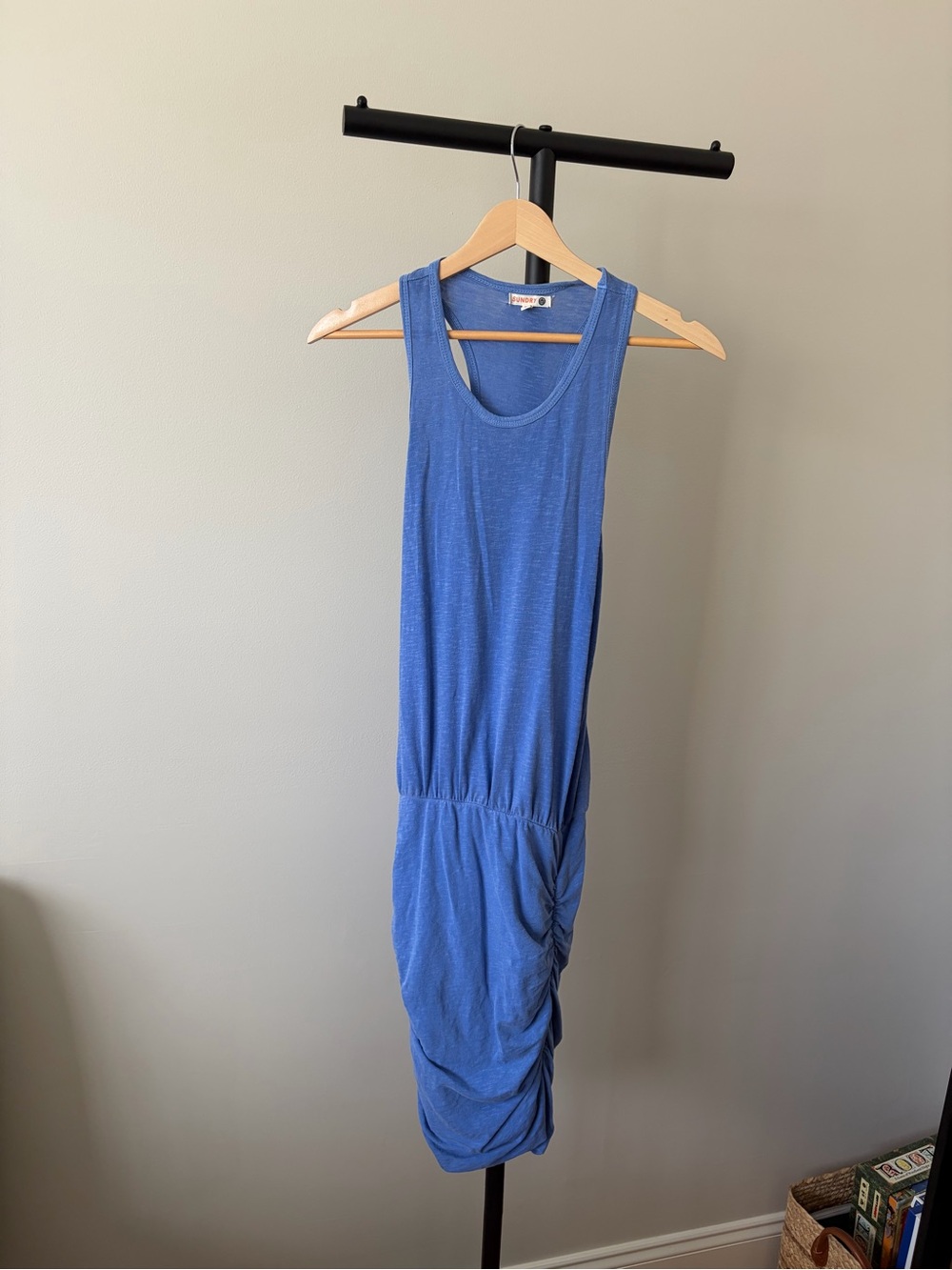 Sundry Sleeveless Slate Blue Midi Dress with Side Ruching